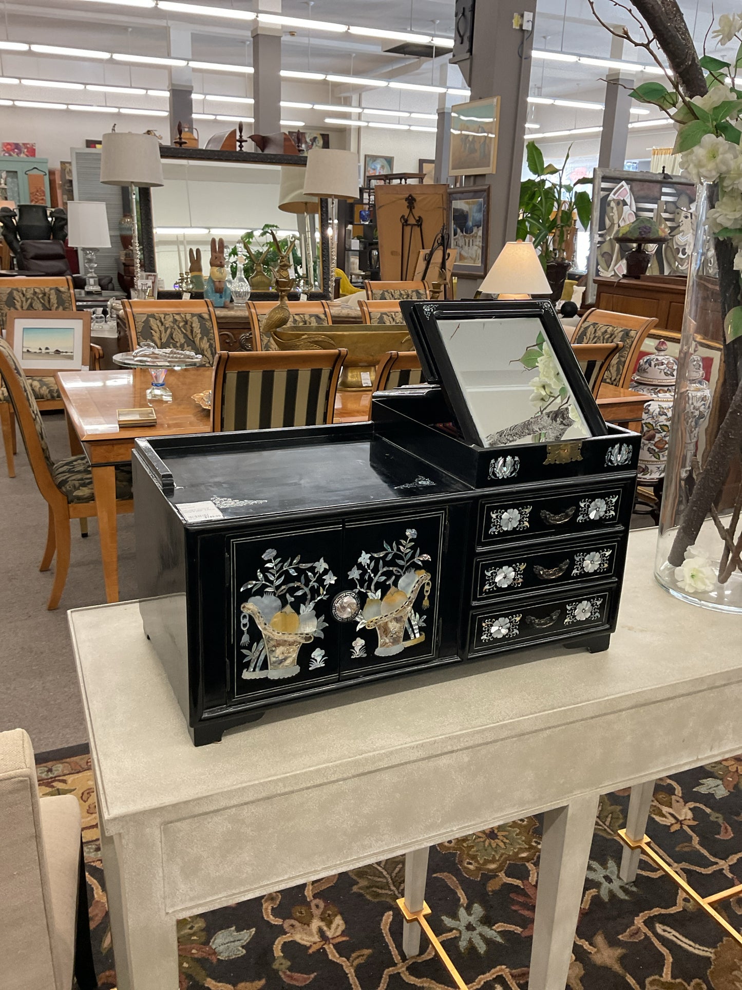 Black Laquered Oriental Jewelry Box w/Mirror & Mother of Pearl Design