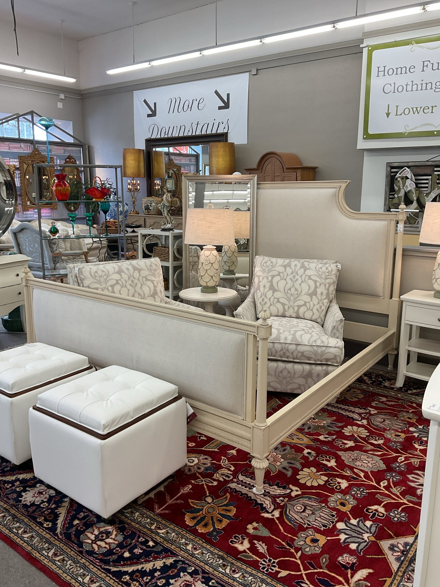 King Cream Colored Bed Luis XVI Style Upholstered in Soft Linen