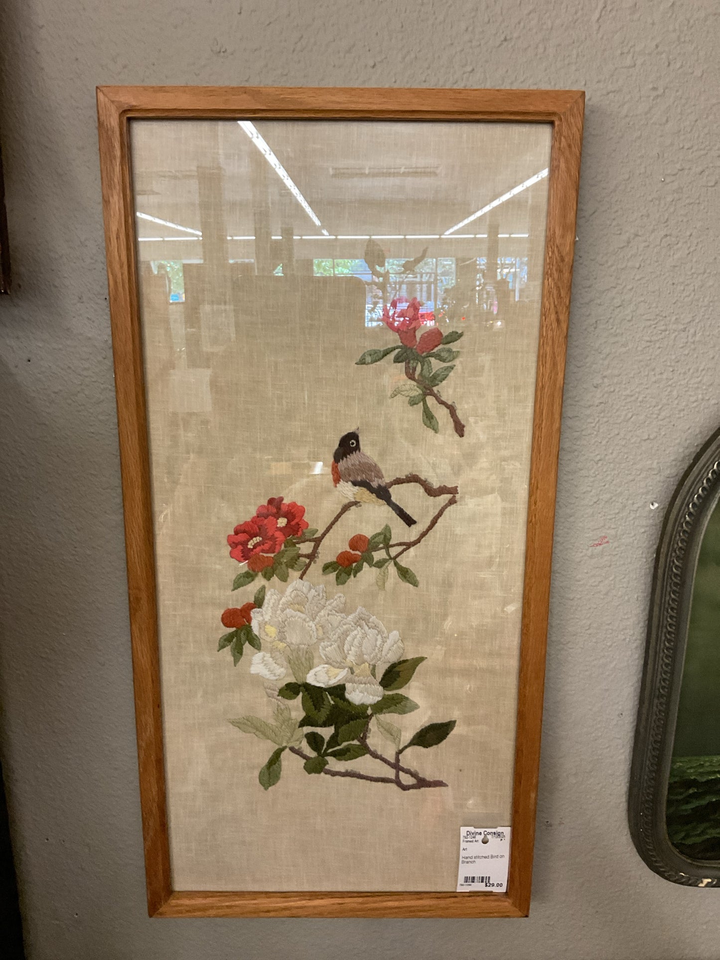 Framed Art Hand Stitched Bird on Branch