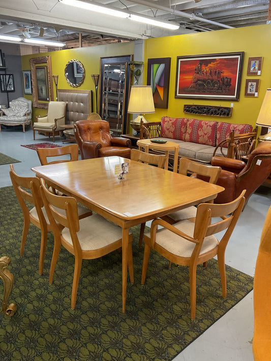 MCM Heywood-Wakefield Dining Set Table & 6 Chairs 60x42" 29"H, 2x12" Leaves