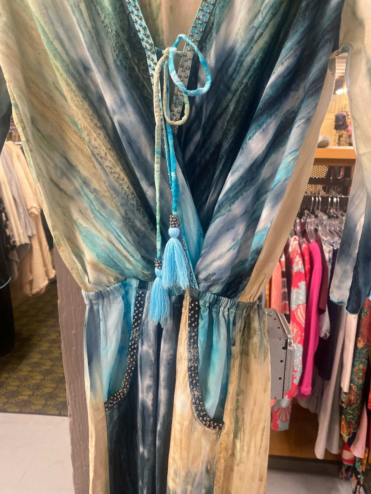 Khush Multi Color Blue Long Sleeve Tassle Jumpsuit Size S