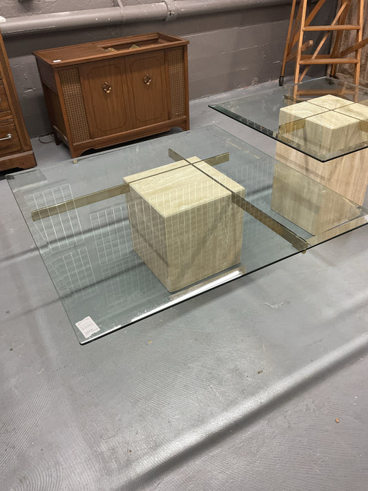 Travertine/Brass Glass-top Coffee Table 42x42x15