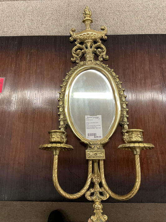 Antique Brass Mirrored Wall 2-Arm Candleholder