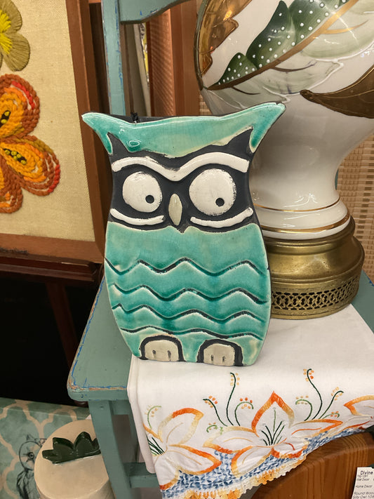 Owl Blue White Black Raku Vase