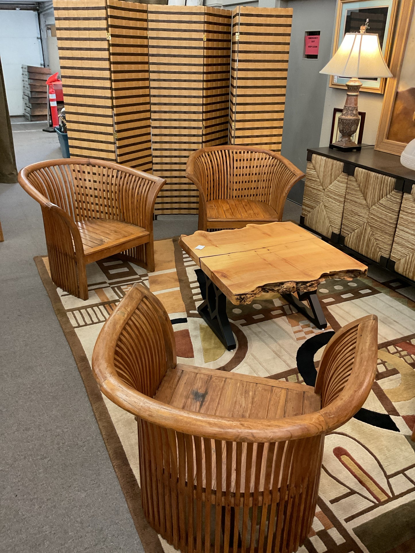 Vintage Curved Slat Teak Wood Lounge Chair Set (4)