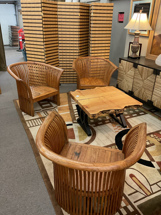 Vintage Curved Slat Teak Wood Lounge Chair Set (4)