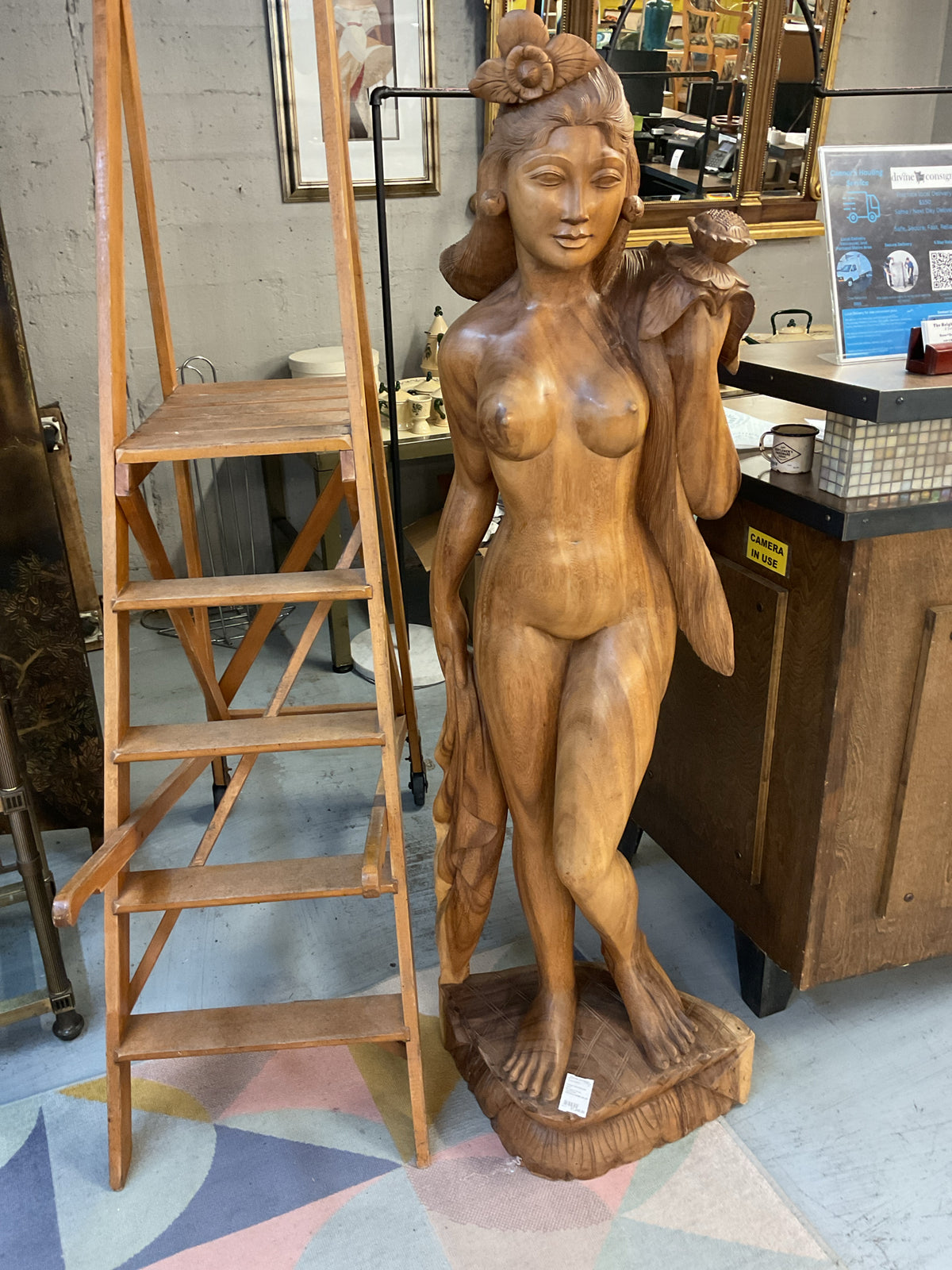 Mid Century Life-size Carved Female Indonesian/Balinese Sculpture 61"H