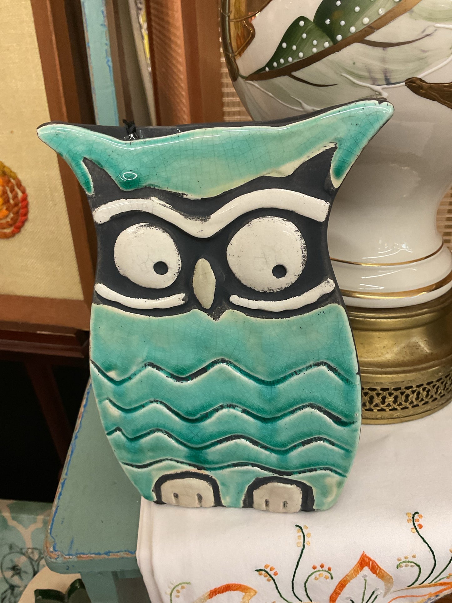 Owl Blue White Black Raku Vase