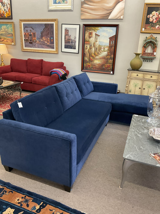 Blue Velvet 2-Piece Sectional 107"L,36"D,29"H, Chaise 66"D
