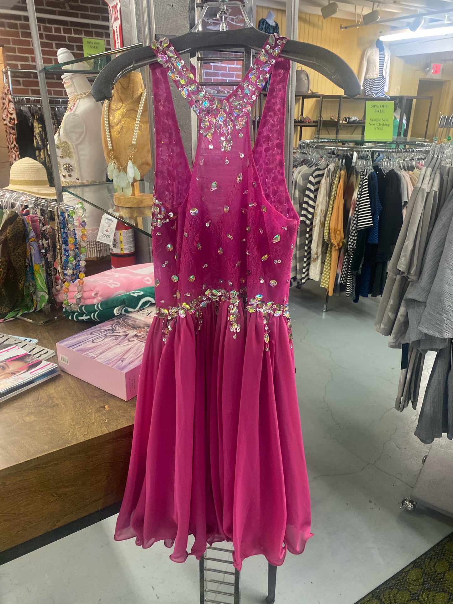 Short Pink Chiffon Tank Iridescent Beading Evening Gown Size 4