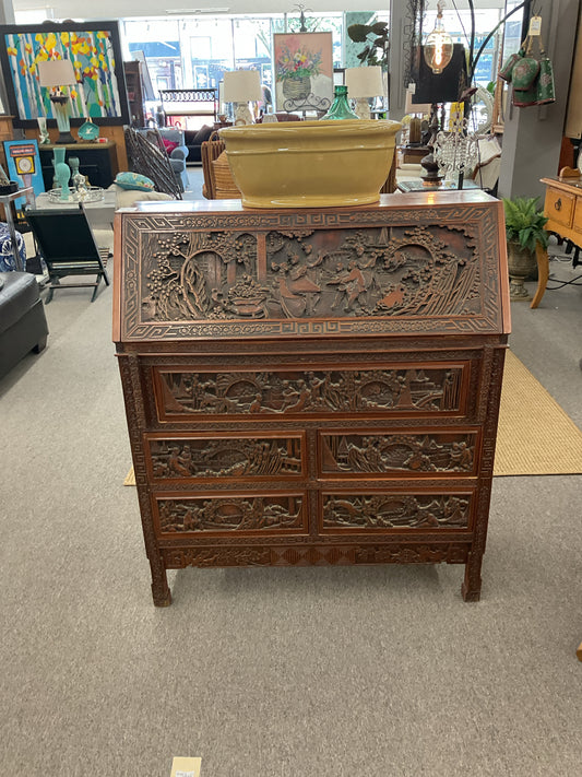 Asian Carved Rosewood Drop Leaf Secretary Desk