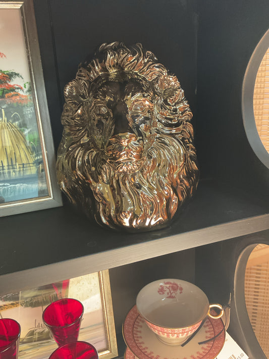 Figural Lion's Head Metallic Bronze Ceramic