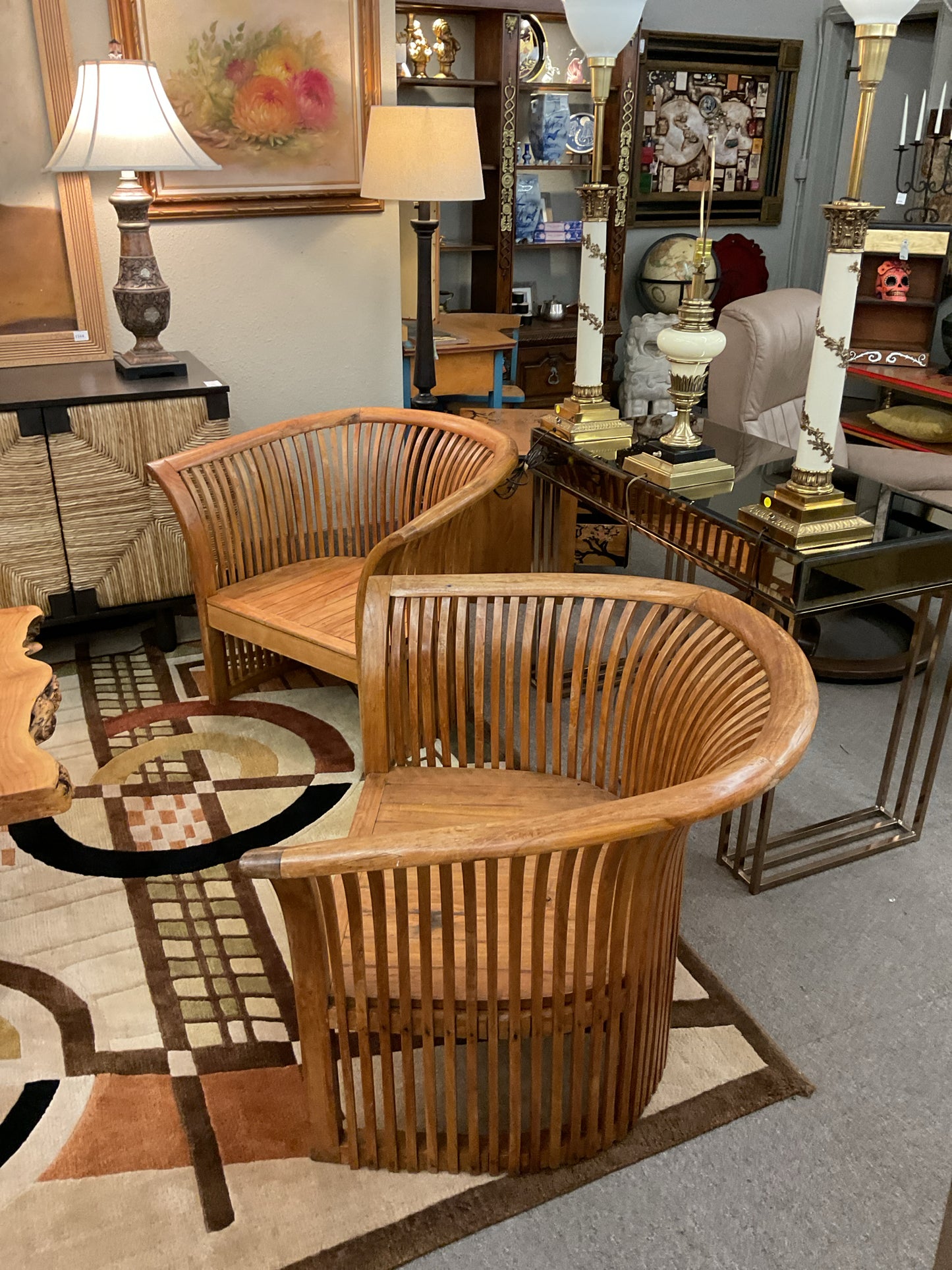 Vintage Curved Slat Teak Wood Lounge Chair Set (4)