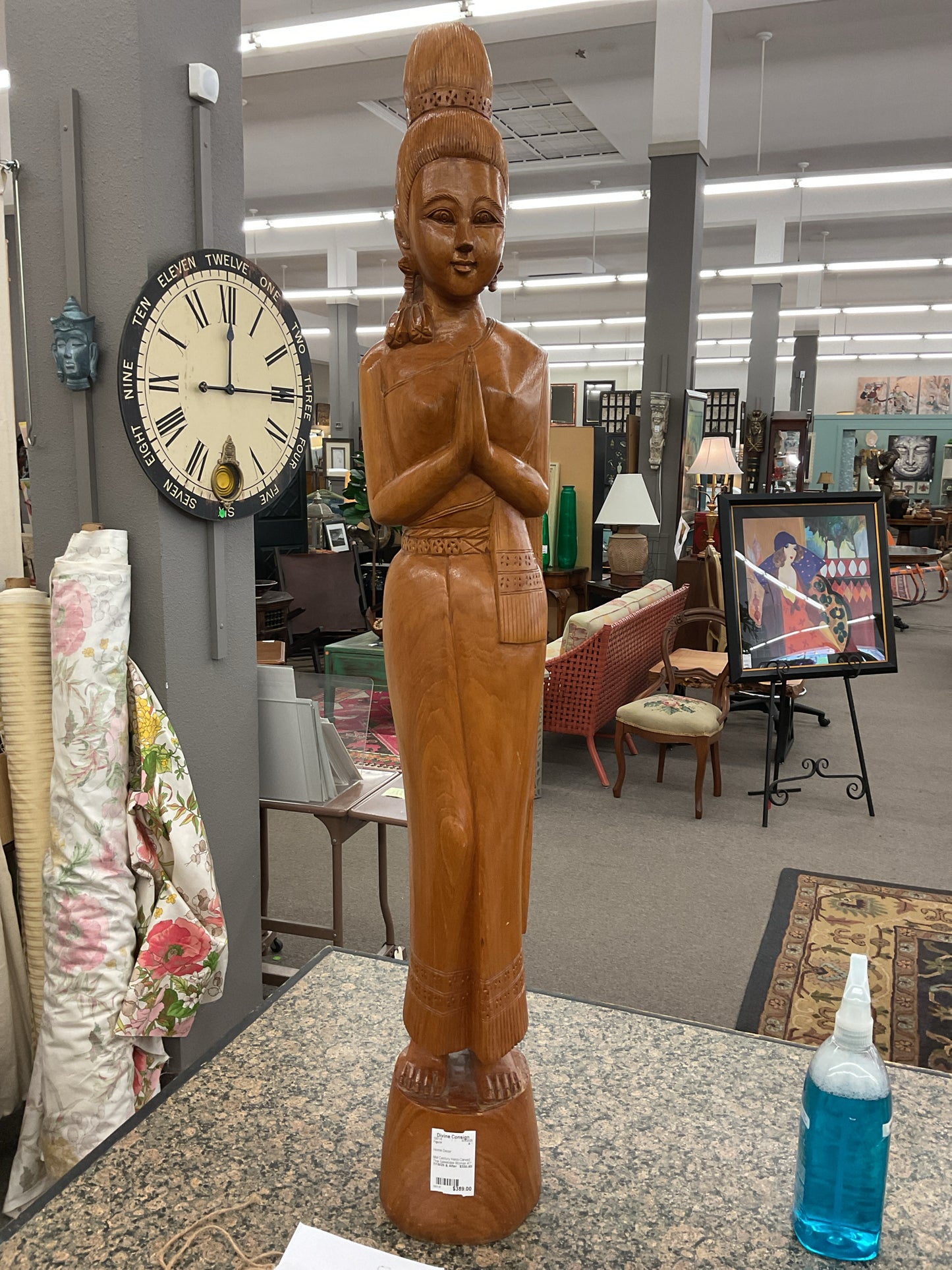 Mid Century Hand-Carved Thai Sawasdee Woman 41" Tall