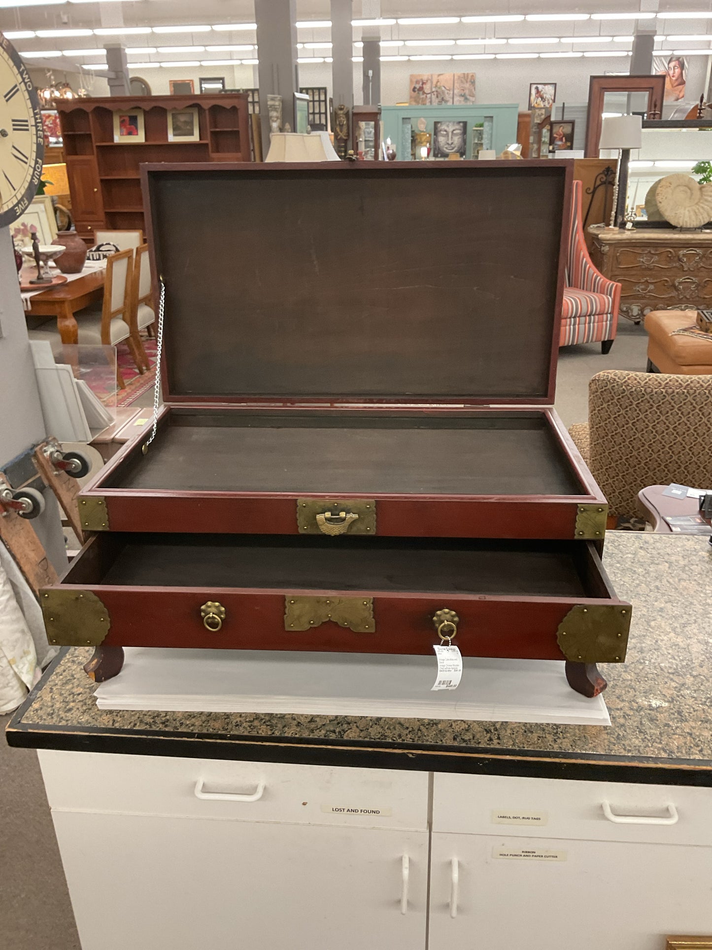 Vintage Chinese Wooden Chest w/Brass Apliques  29x17x14
