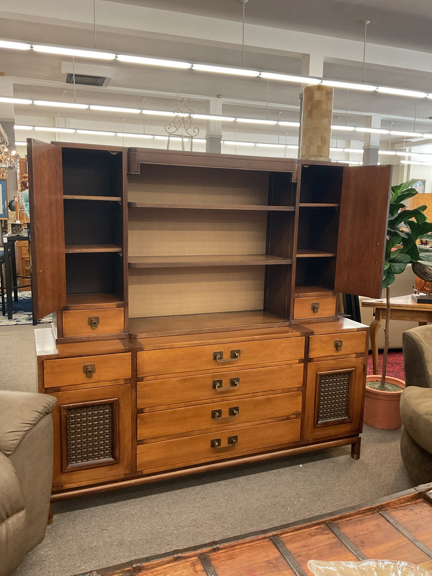 Vintage MCM 2-Pc Walnut Hutch 70"L,19"D,68"H, Hutch 13"D
