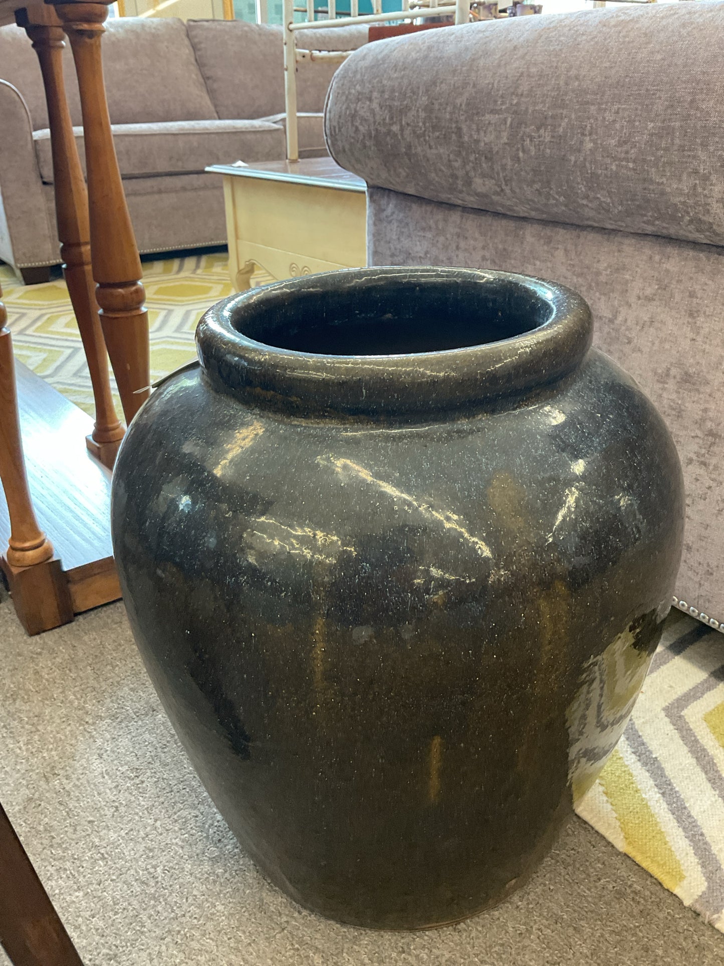 Dark Brown Ceramic Planter w/Blue Speckles