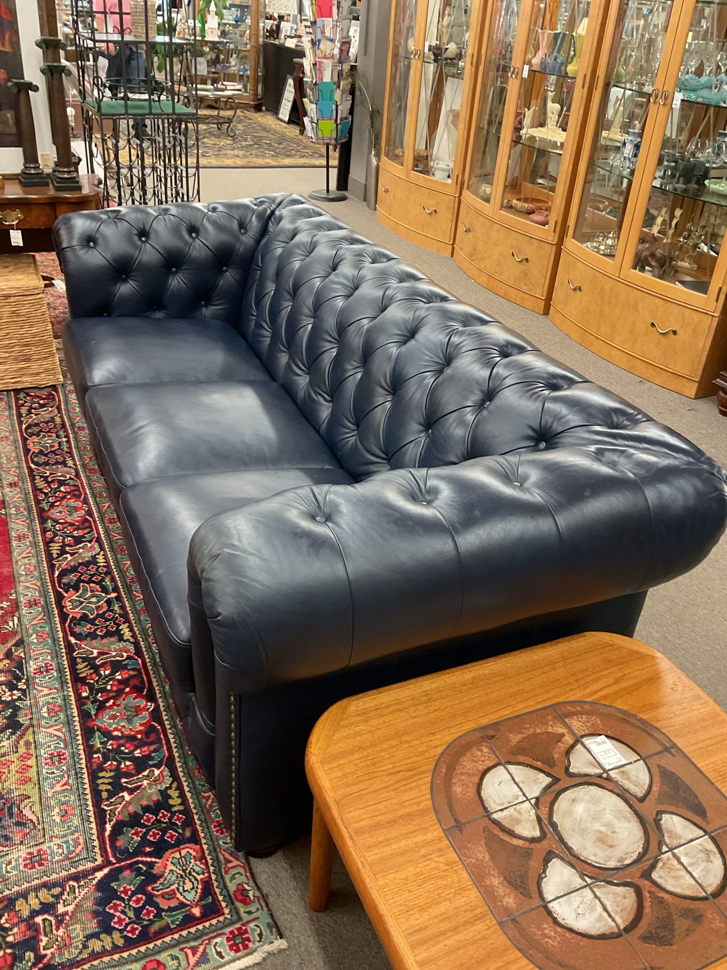 Blue Leather Chesterfield Sofa 95"L,39"D,35"H