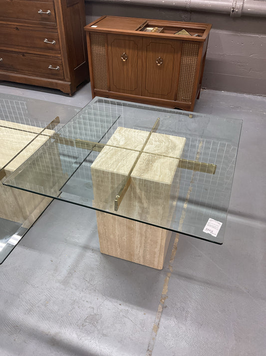 Travertine/Brass Glass-top Side Table 30x30x21