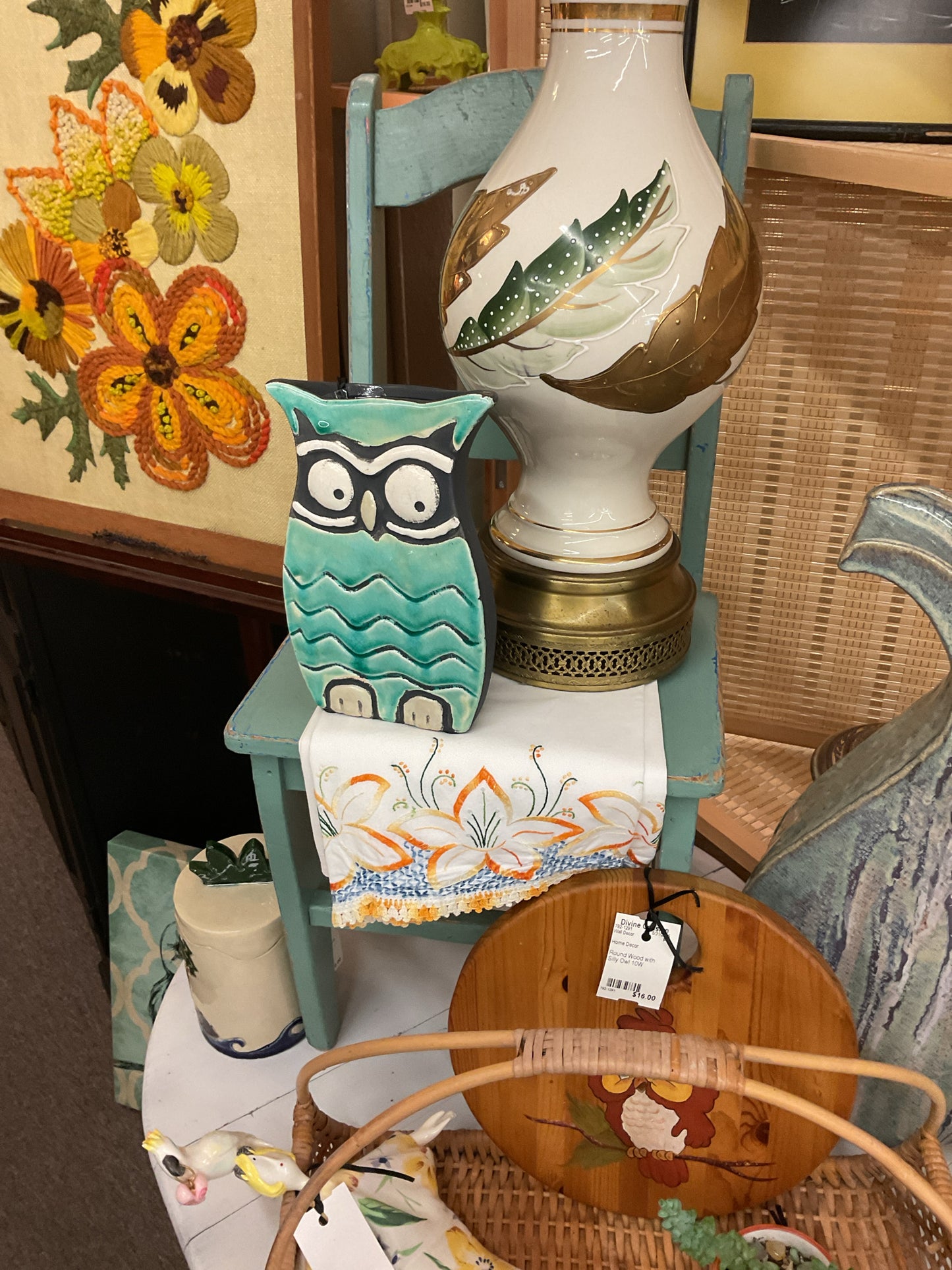 Owl Blue White Black Raku Vase
