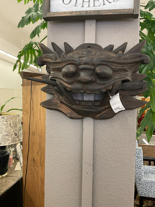 Carved Wood Asian Wall Mask w/Dagger