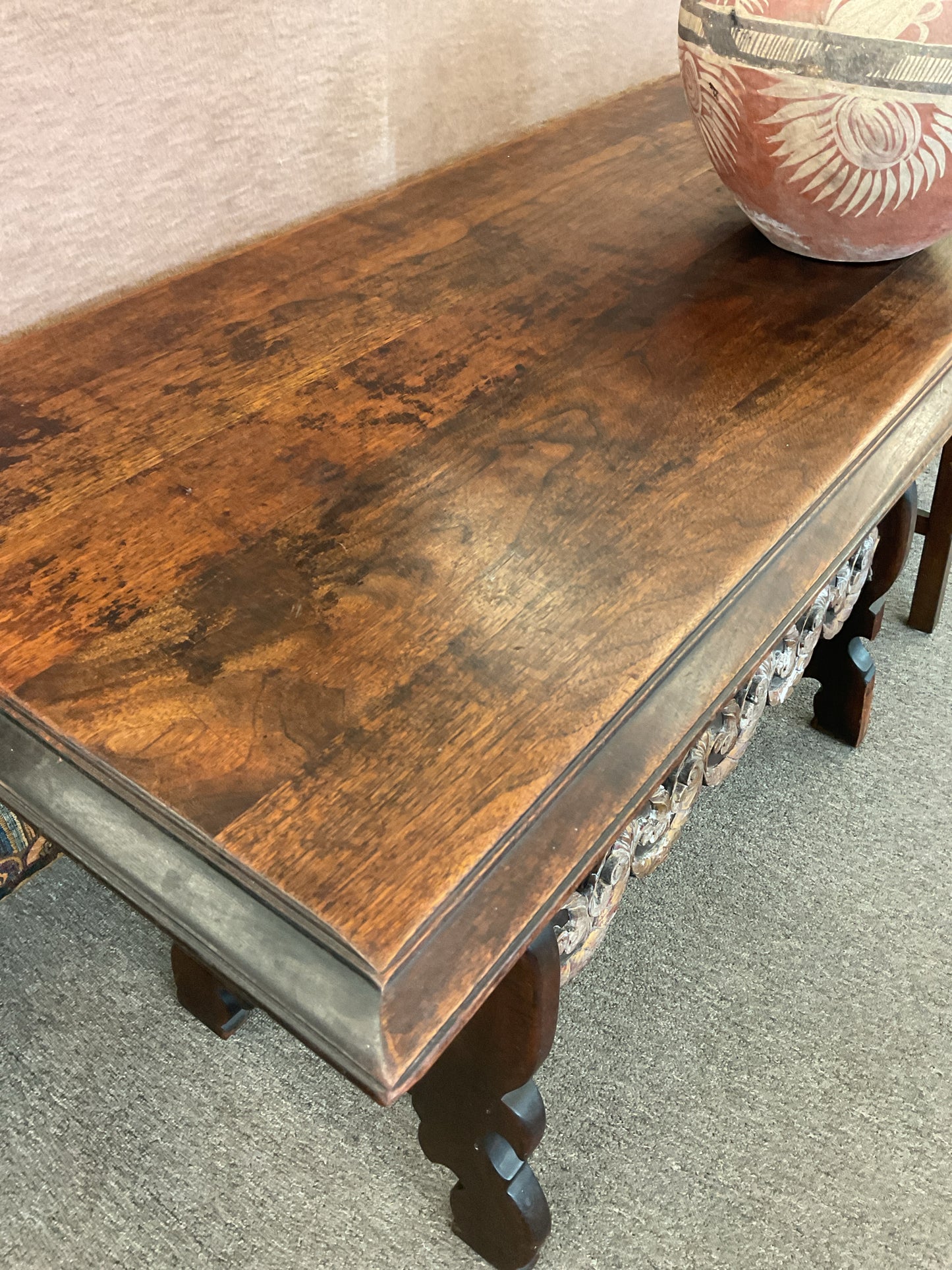 Vintage Dark Wood Sofa Table w/Carved Wood Accent Panels 48 x 22 x 29