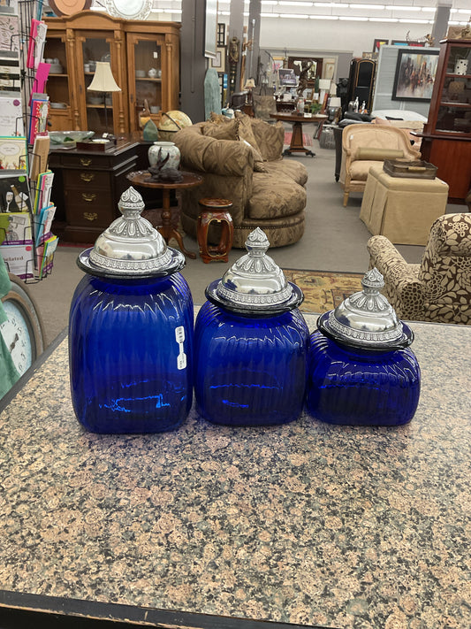 Vintage Cobalt Blue Ribbed Glass Canister Set w/Pewter Lid