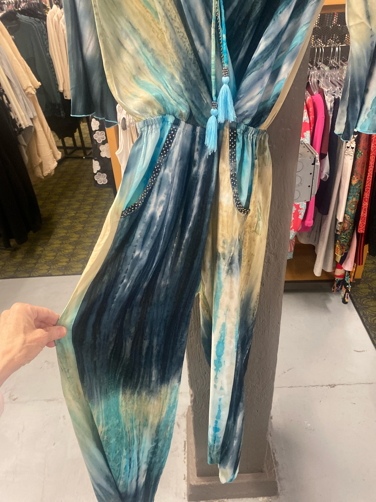 Khush Multi Color Blue Long Sleeve Tassle Jumpsuit Size S