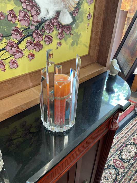 Crystal Prisms Candleholder w/New Orange Candle 9"
