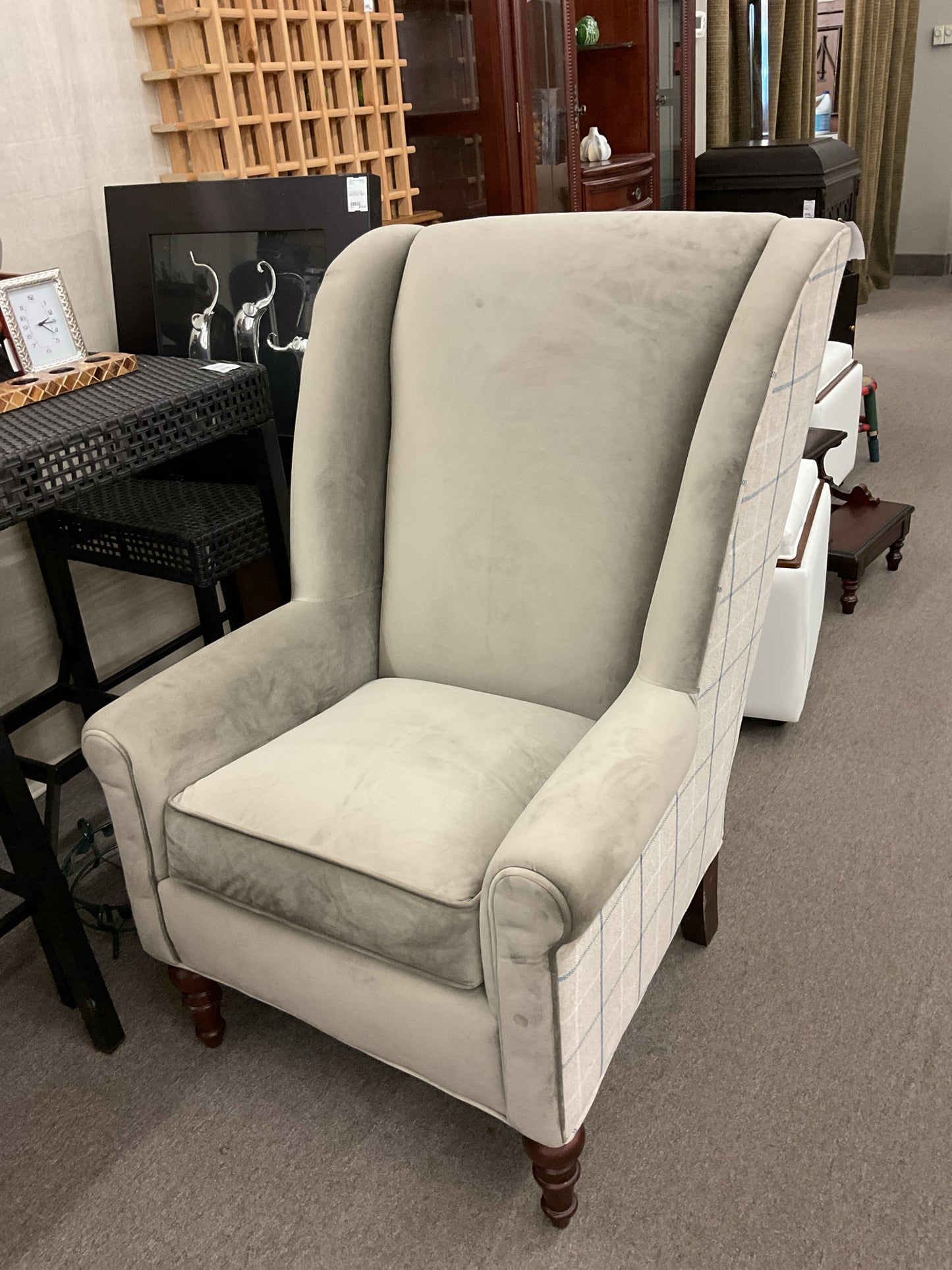 Two-tone Custom-made Wingback Chair Light Grey/Plaid Back