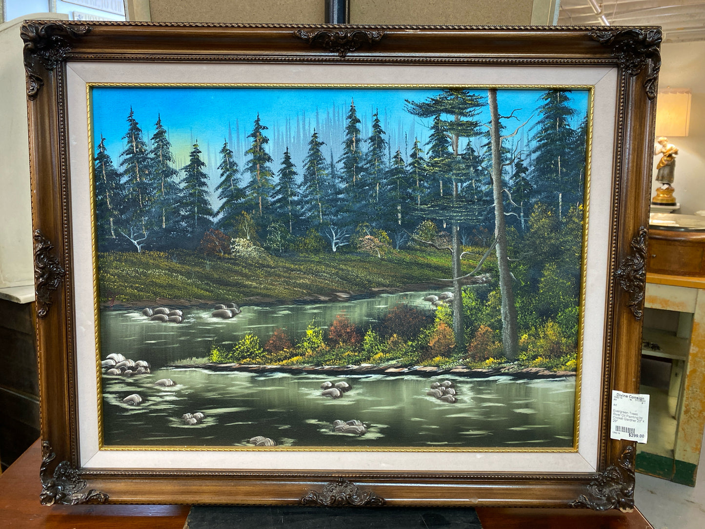 Evergreen Trees River Oil Painting by Cricket Gardner 23" x 29"