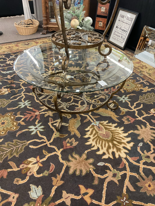 Wrought Iron Glass-Top Round Coffee Table 38"Across