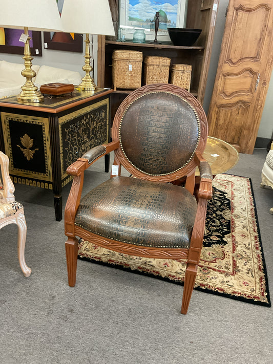 Brown Leather & Wood Side Chair Oval Back