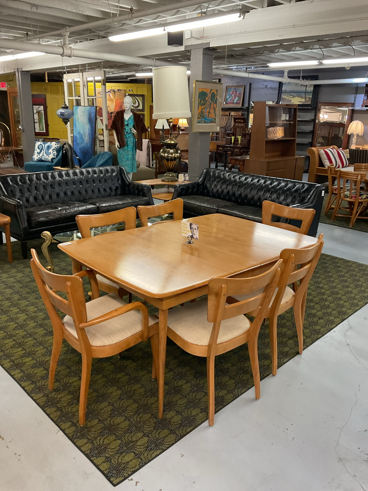 MCM Heywood-Wakefield Dining Set Table & 6 Chairs 60x42" 29"H, 2x12" Leaves