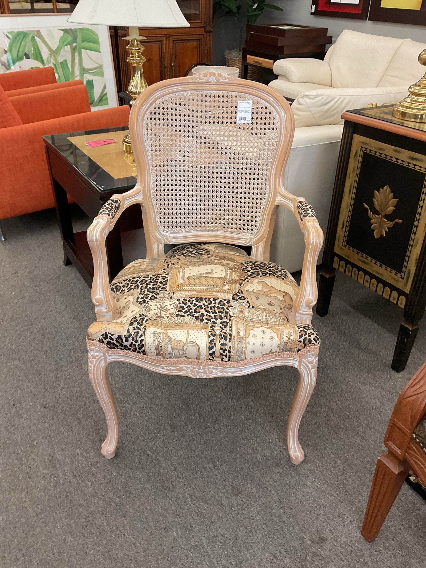 White-washed Cane-Back Side Chair w/2 Pillows