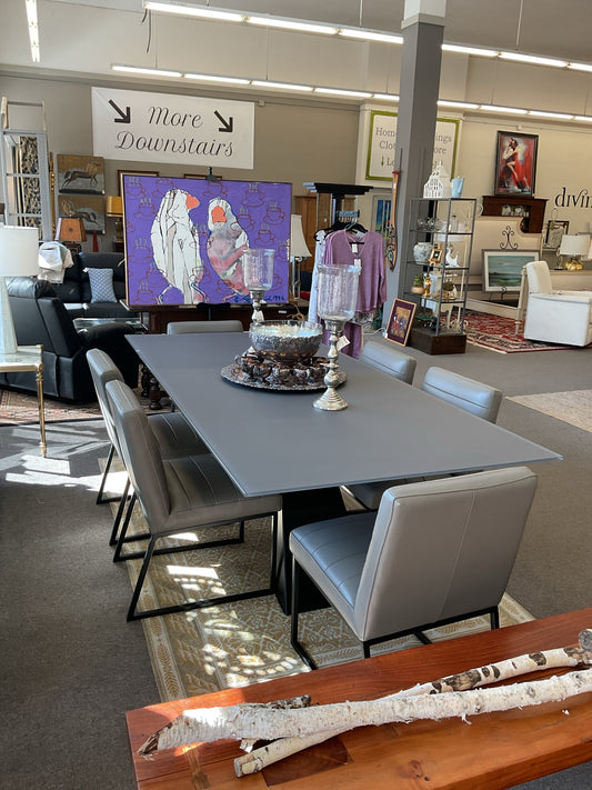 Ultra Modern Dining Set  Metal Base/Glass top Table, 6 Grey Leather Chairs