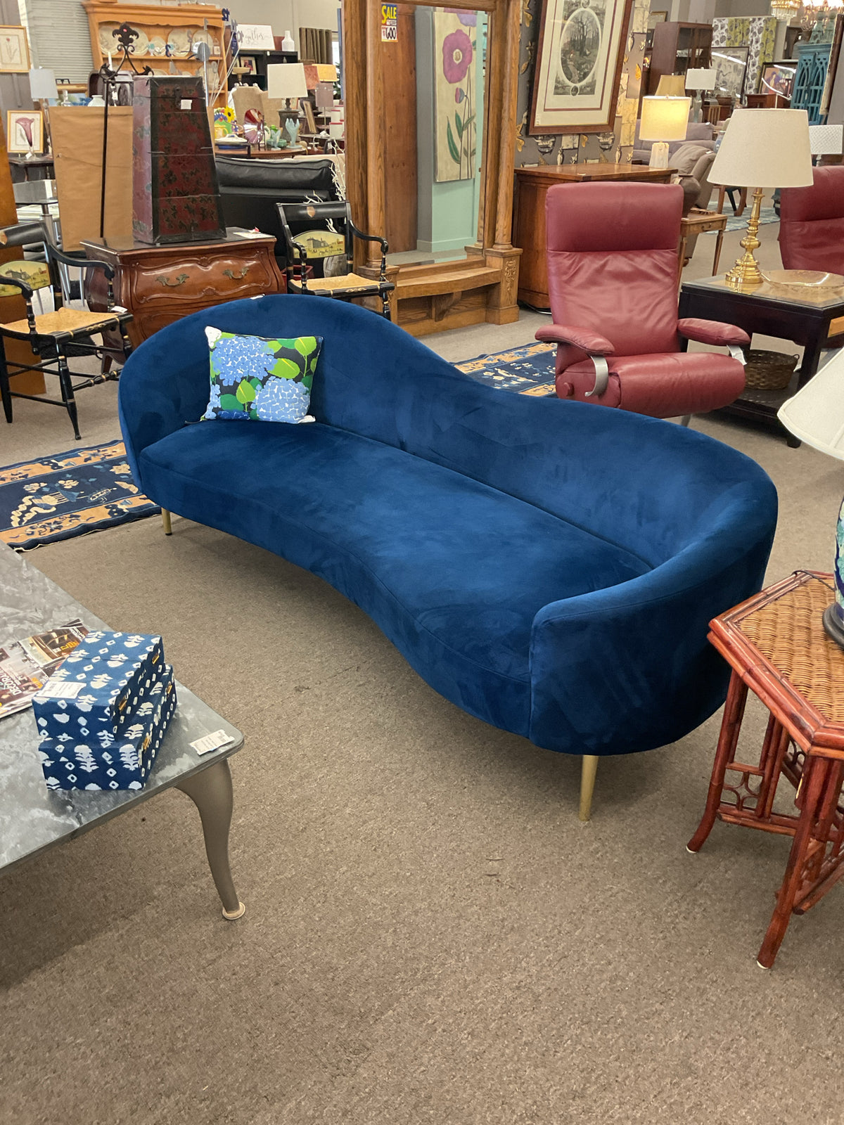 Contemporary Blue Velvet Sofa 7'