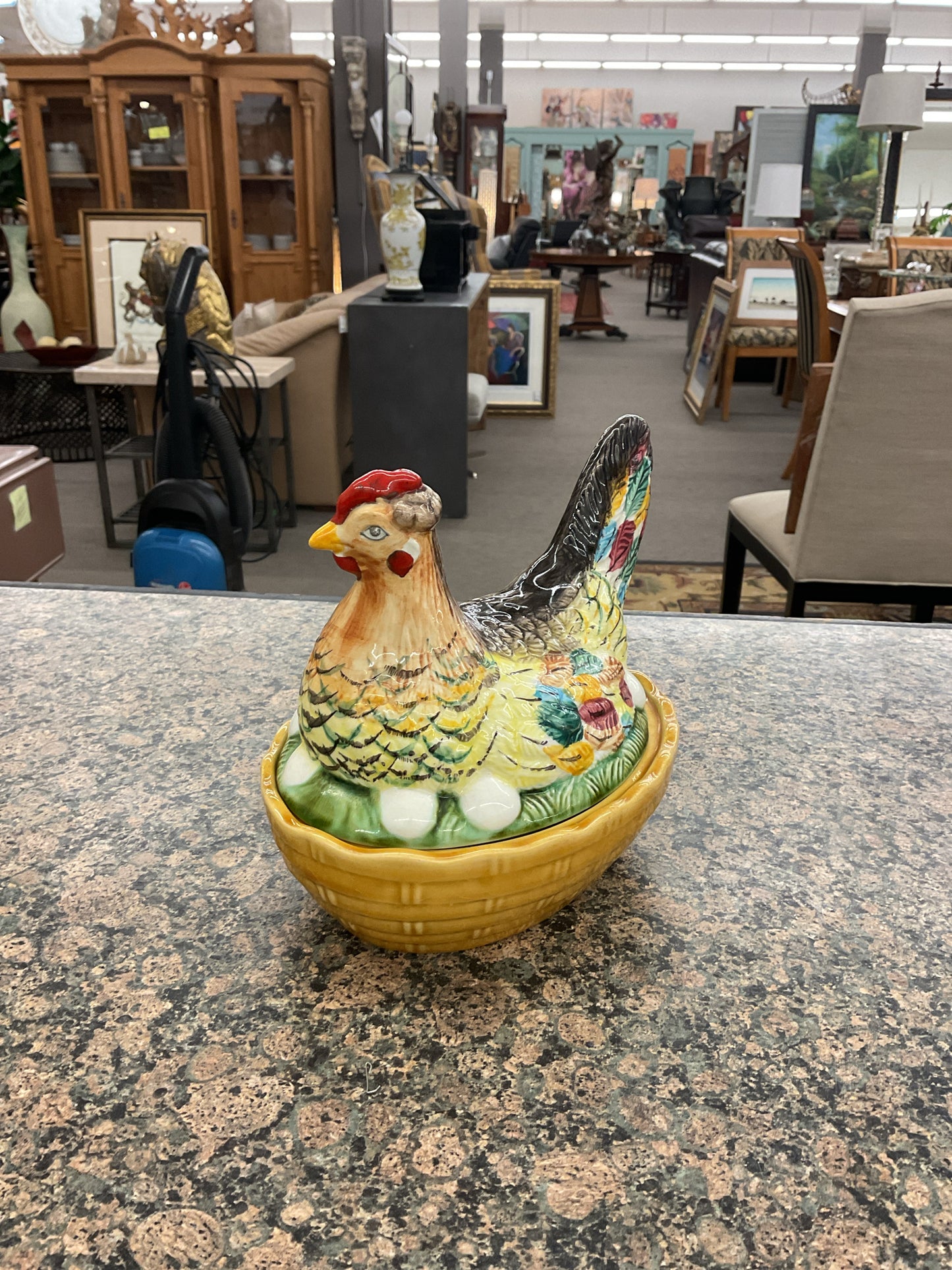 Schramberg Chicken on a Nest Majolica Egg Holder